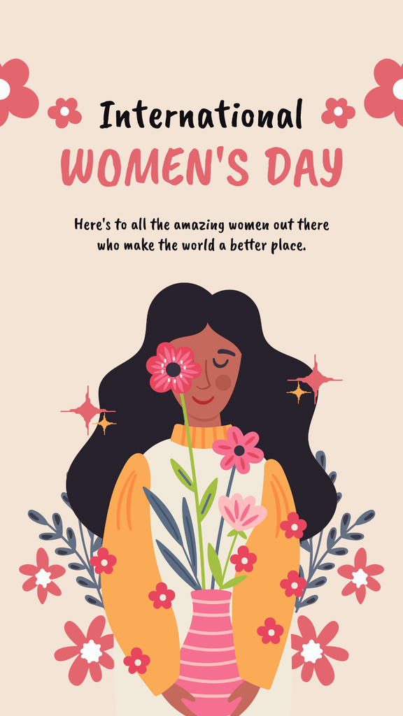 Woman with Beautiful Flowers in Vase on Women's Day Instagram Story Design Template