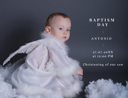 Platilla de diseño Baptism Announcement With Newborn In Feather Costume Invitation 13.9x10.7cm Horizontal