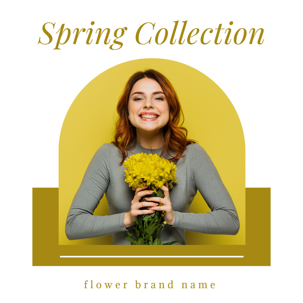 Spring Sale with Young Woman with Yellow Flowers Instagram AD tervezősablon