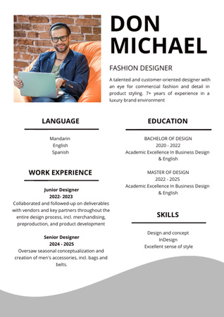 Skills and Experience of Fashion Designer Resume Design Template