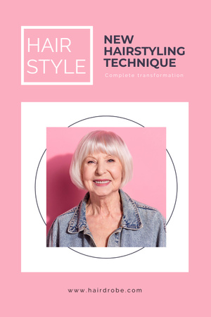 Anúncio de produtos para penteados de beleza com uma mulher idosa atraente Pinterest Modelo de Design