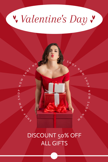Valentine's Day Sale Announcement with Attractive Woman in Red Pinterestデザインテンプレート