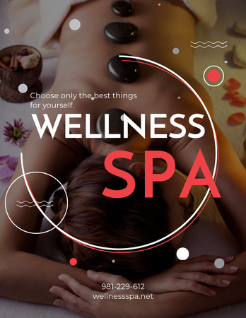 Ontwerpsjabloon van Flyer 8.5x11in van Wellness Spa Ad Woman Relaxing at Stones Massage