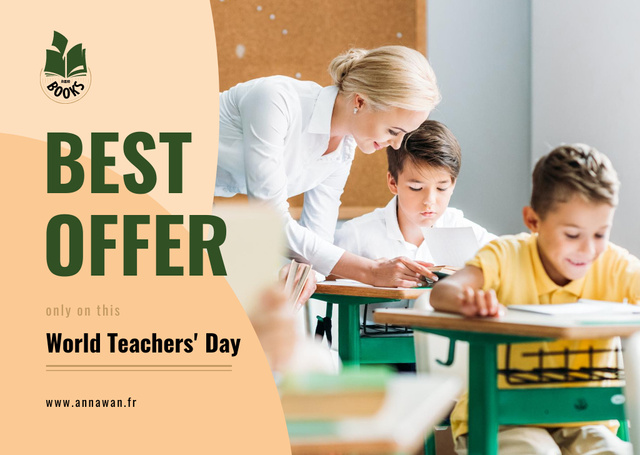 Platilla de diseño World Teachers' Day Sale Kids in Classroom with Teacher Card