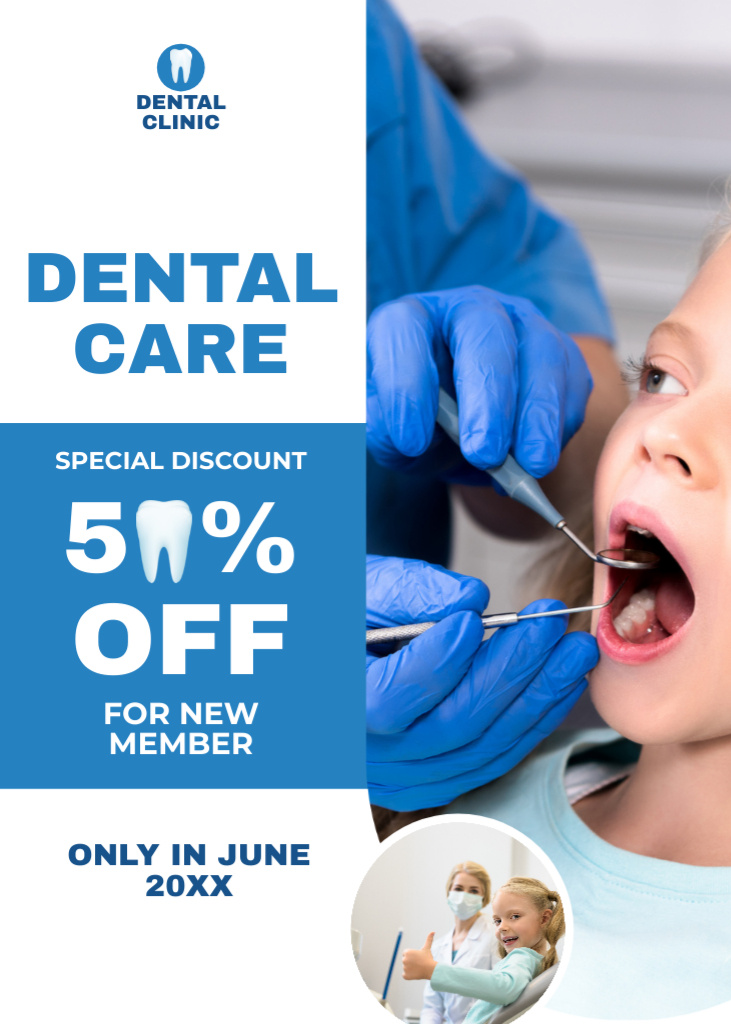 Ontwerpsjabloon van Flayer van Discount Offer on Dental Services with Kid in Clinic