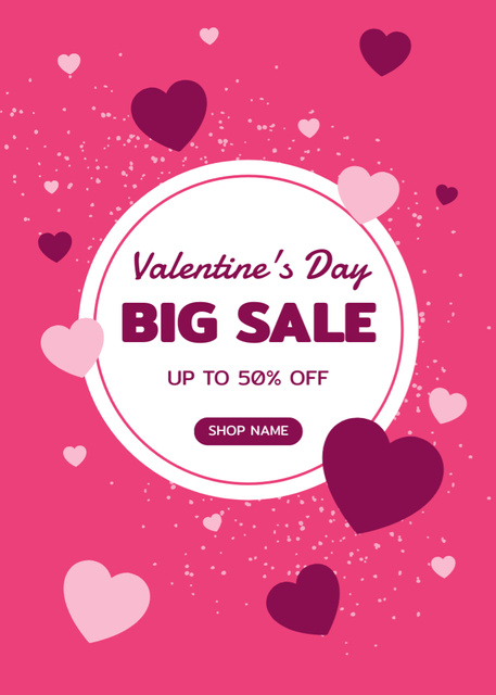 Valentine's Day Big Sale Ad with Pink Hearts and Discount Postcard 5x7in Vertical Design Template