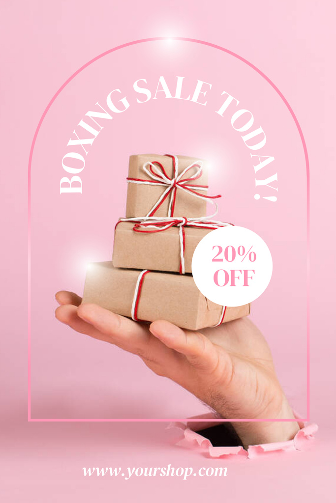 Designvorlage Announcement Of A Boxing Day With Presents And Pink Background für Pinterest
