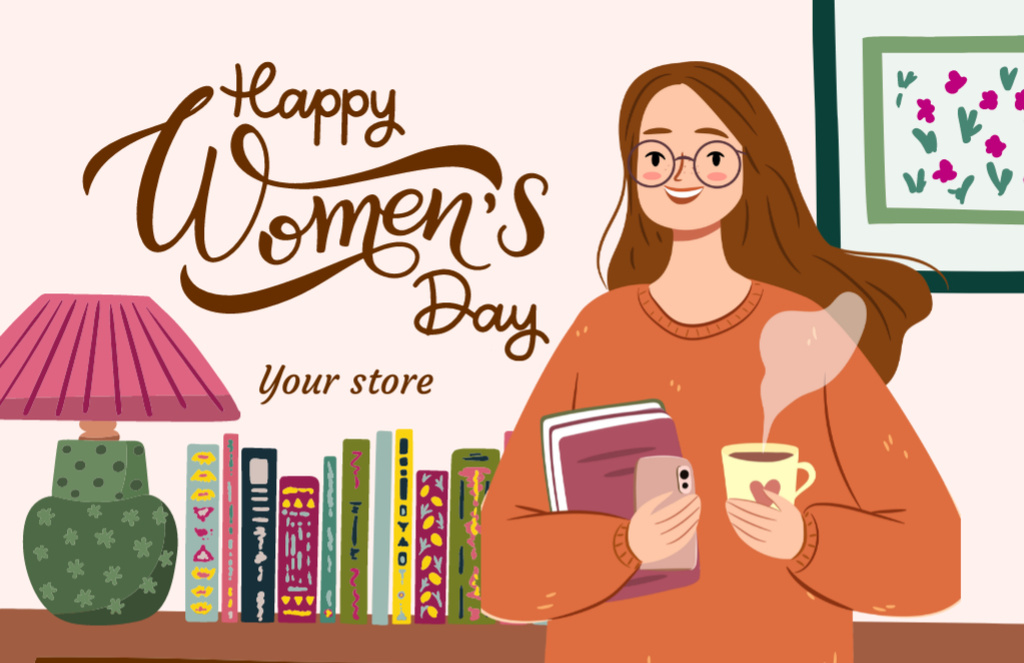 Platilla de diseño Women's Day Greeting with Young Book Lover Thank You Card 5.5x8.5in