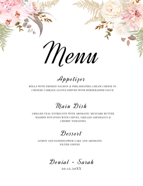 Main Meal List With Watercolor Flowers Menu 8.5x11in Design Template