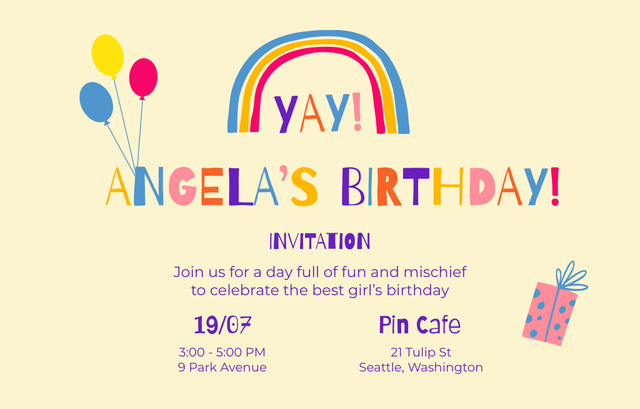 Template di design Birthday Party With Bright Rainbow and Balloons Invitation 4.6x7.2in Horizontal