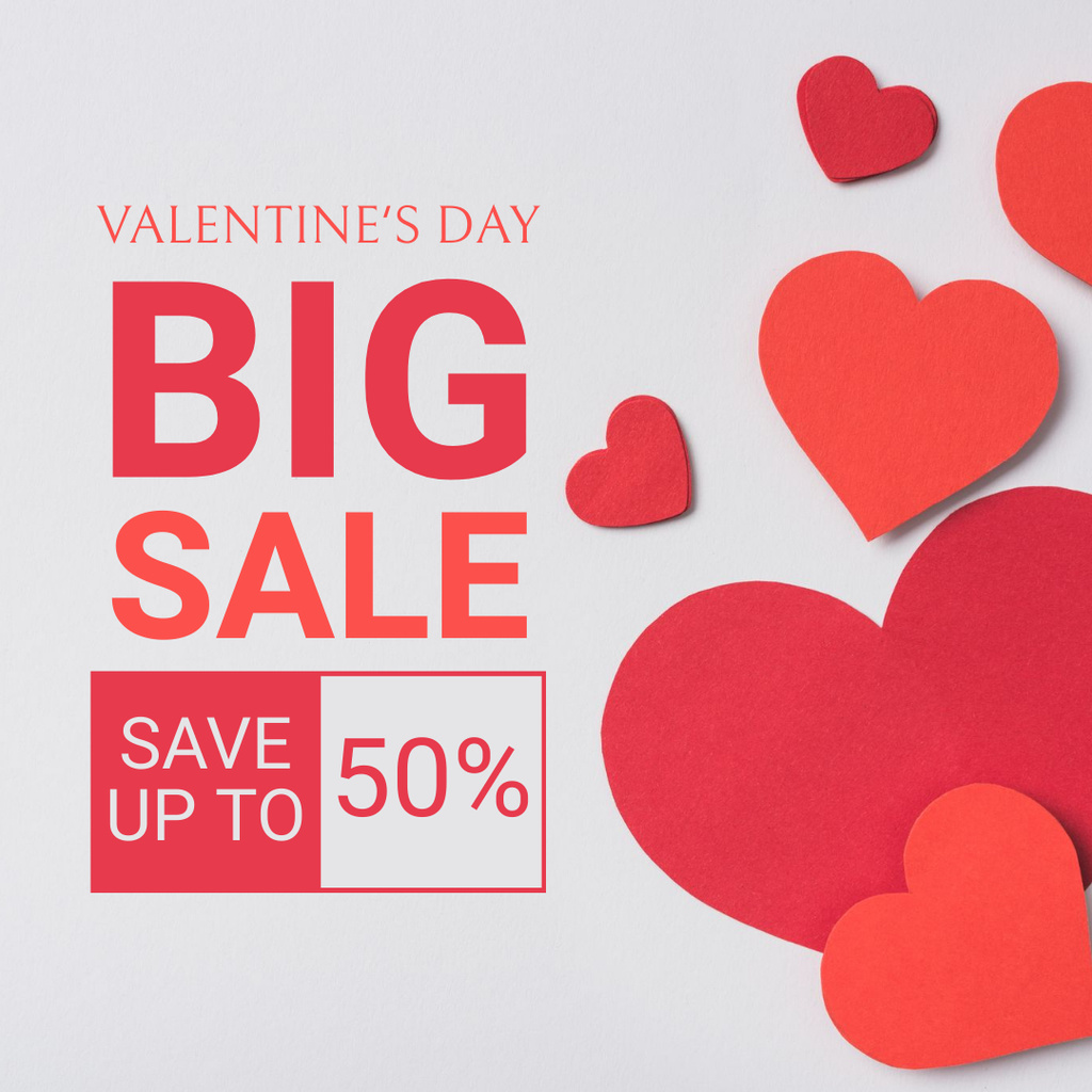 Valentine's Day Big Sale Announcement with Red Hearts Instagram ADデザインテンプレート