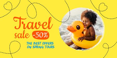 Travel Sale Ad with Child in Inflatable Ring Twitter Design Template