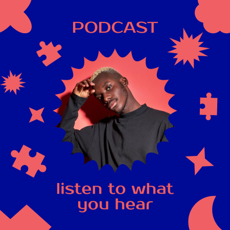 Designvorlage podcast-themenankündigung mit stilvollem jungen mann für Podcast Cover