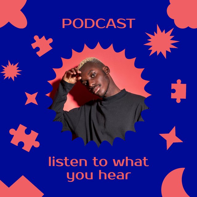 Ontwerpsjabloon van Podcast Cover van Podcast Topic Announcement with Stylish Young Man