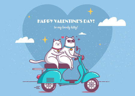 Happy Valentine's Day Greetings with Cute Cats on Scooter Cardデザインテンプレート