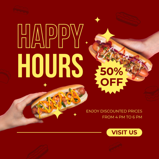 Happy Hours Ad with Tasty Hot Dogs in Hands Instagramデザインテンプレート
