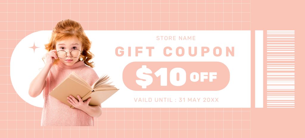 Modèle de visuel Gift Voucher of Book Store with Cute Little Girl - Coupon 3.75x8.25in