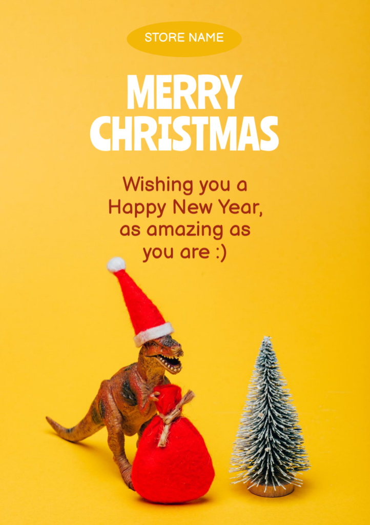 Platilla de diseño Christmas and New Year Greeting with Dinosaur with Bag of Gifts Postcard A5 Vertical