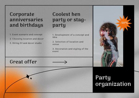 Party Organization Services Offer with Woman in Bright Outfit Brochure – шаблон для дизайна