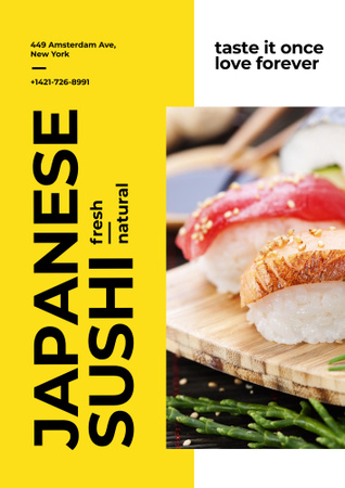 Japanese Seafood Sushi on Wooden Plate Poster B2 Design Template