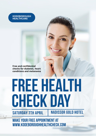 Free Health Check Offer with Smiling Doctor Poster Design Template