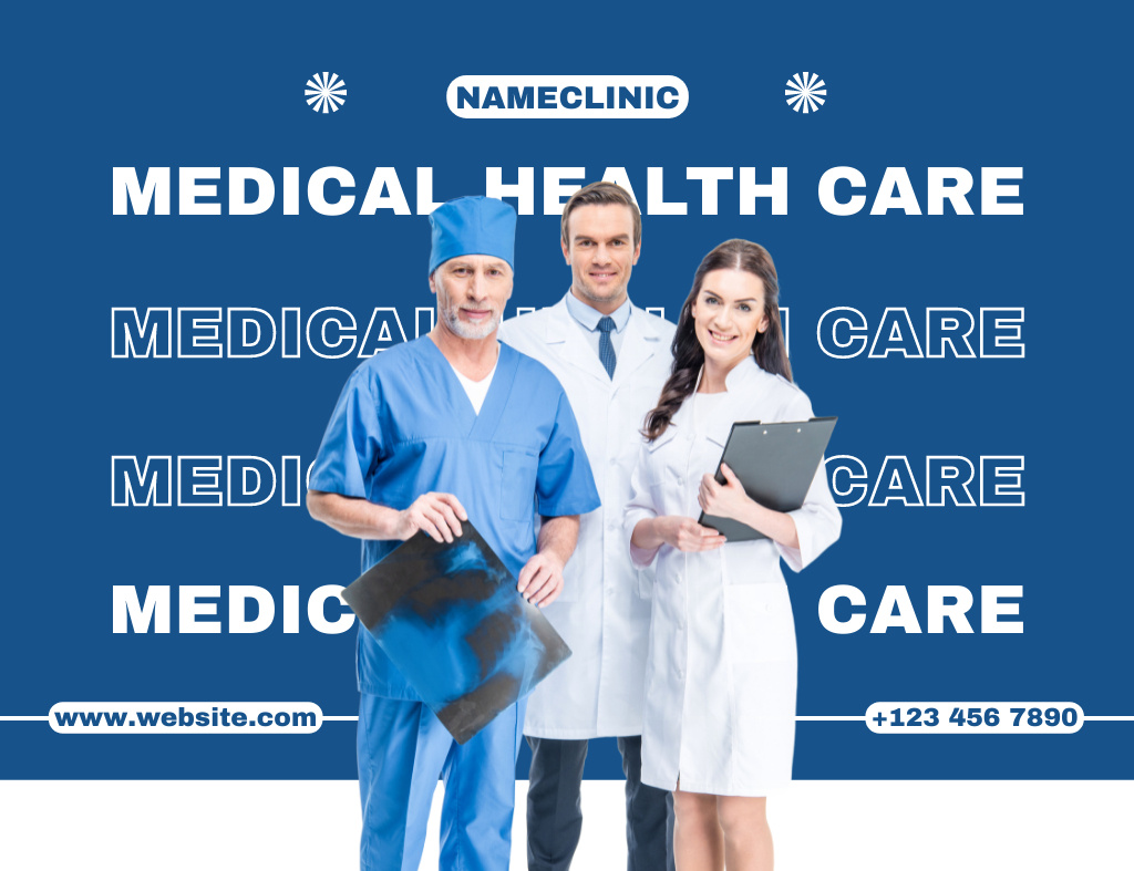 Healthcare Offerings Ad with Team of Doctors Thank You Card 5.5x4in Horizontal Tasarım Şablonu