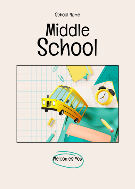 Middle School Welcomes You With Bus Illustration Postcard 5x7in Vertical Šablona návrhu