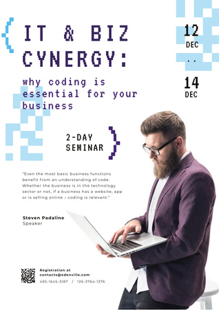 Szablon projektu IT Conference Announcement with Man Working on Laptop Poster