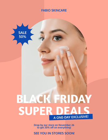 Skincare Ad with Woman Applying Cream on Face Poster 8.5x11in Design Template