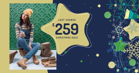 Christmas Sale Girl in Denim Overalls Facebook AD Design Template