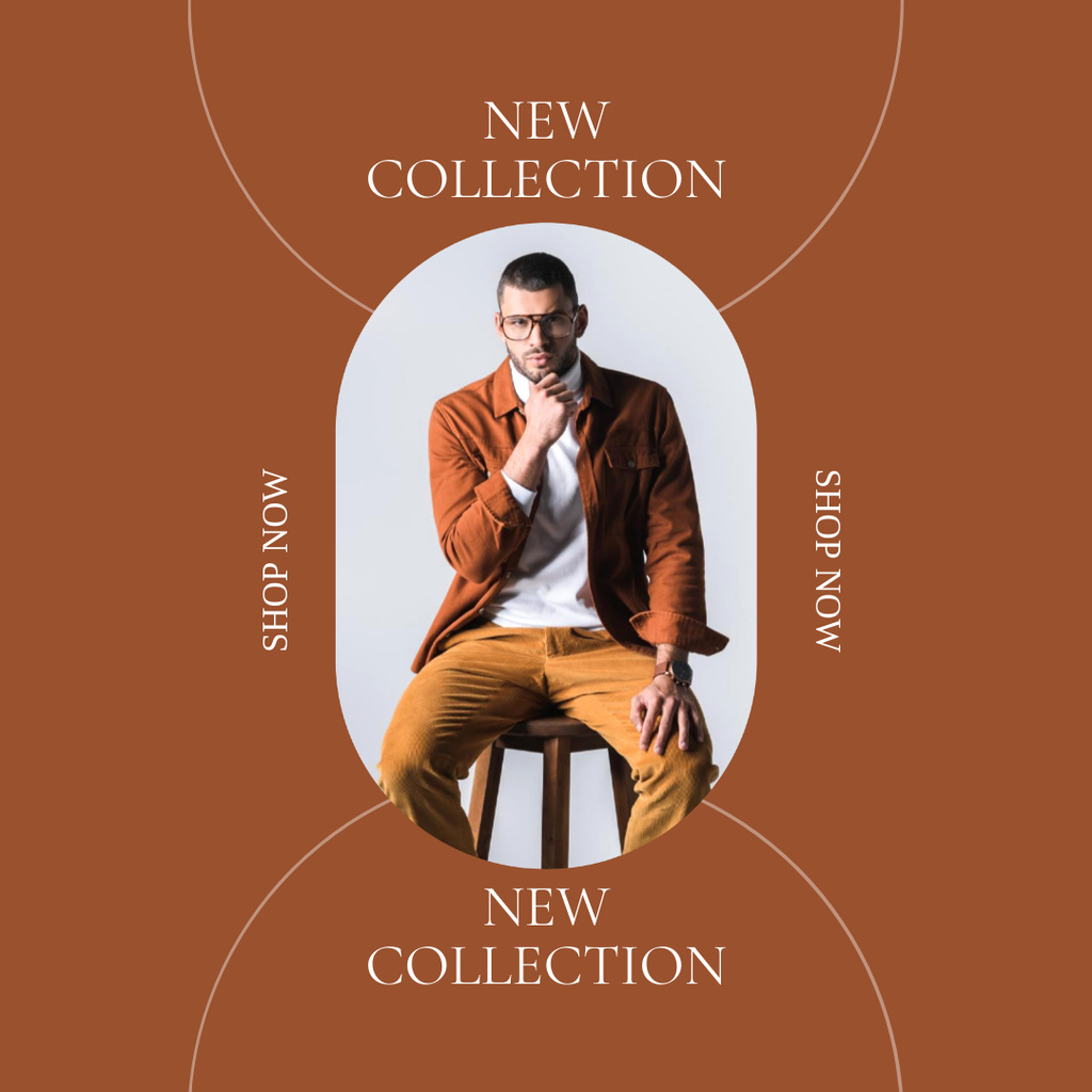 New Apparel Collection Ad with Stylish Male Outfit In Orange Instagram Πρότυπο σχεδίασης