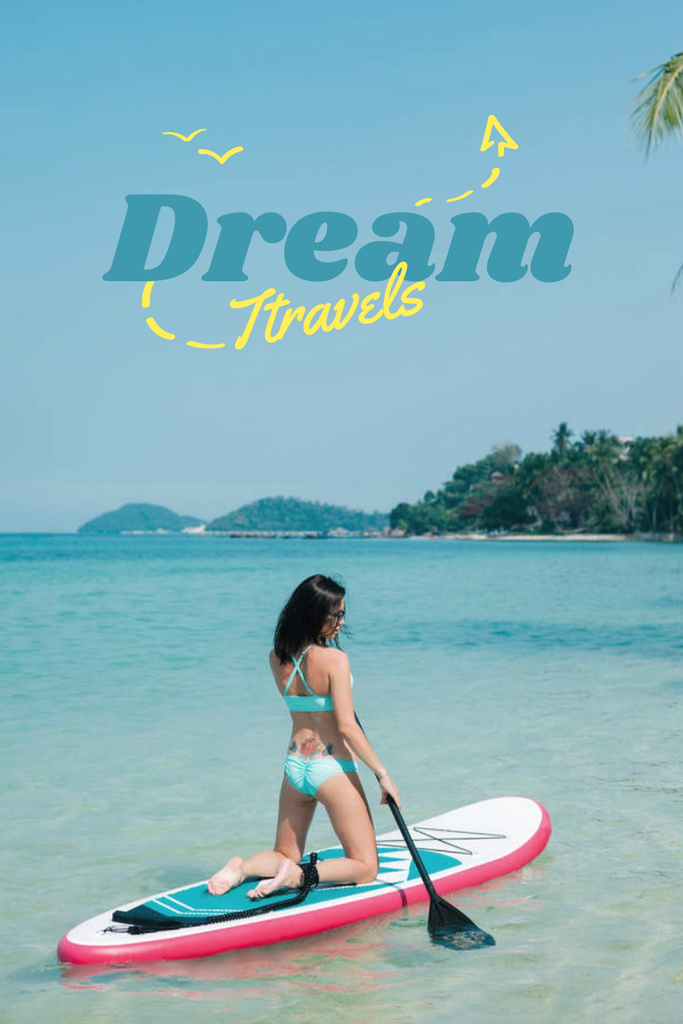 Designvorlage Local Travels Inspiration with Young Woman on Ocean Coast für Pinterest