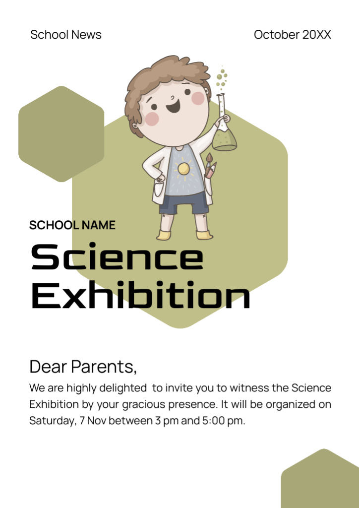 Science Exhibition for Kids Cartoon Illustrated Newsletter Design Template