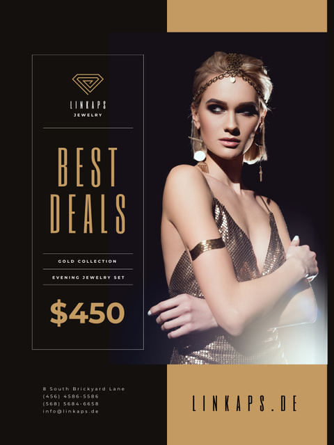 Jewelry Sale with Woman in Elegant Accessories Poster US Design Template