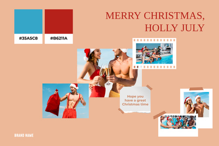 Template di design Vacanze di Natale a luglio con una giovane coppia in mare con regali Mood Board