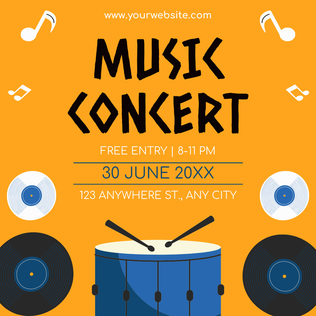 Music Concert Ad with Illustration of Drums Instagram Tasarım Şablonu