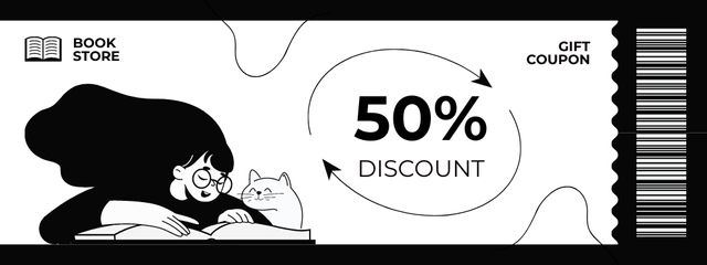 Discount in Book Store with Black and White Cute Illustration Couponデザインテンプレート