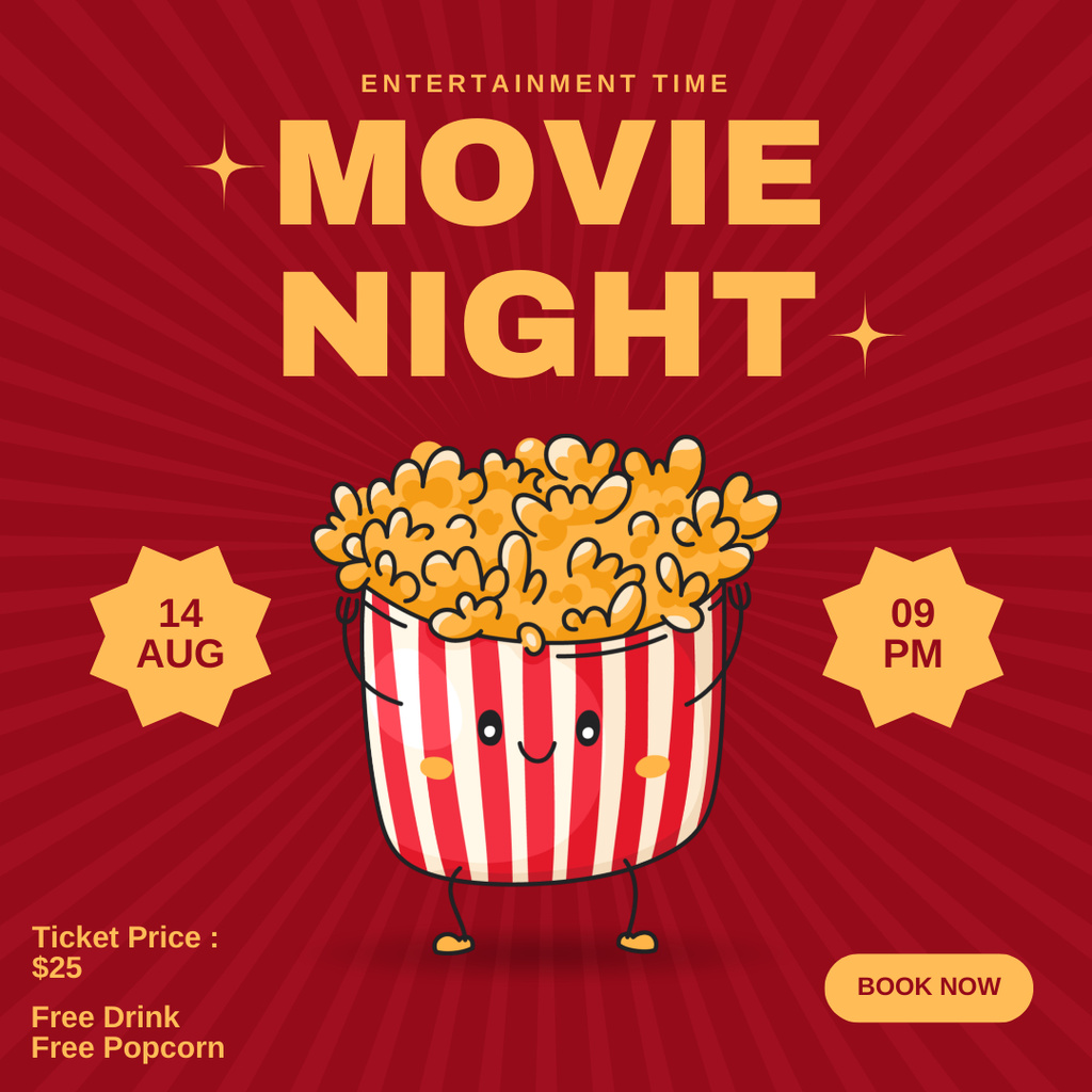 Movie Night Announcement with Cute Cup of Popcorn Instagram Design Template