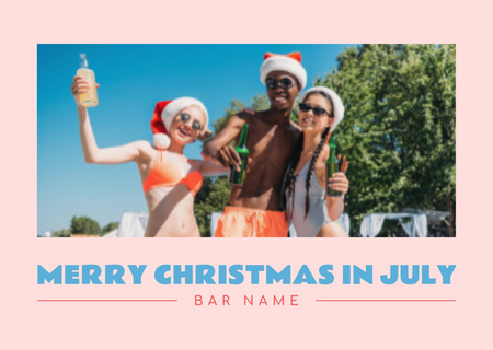 Happy Friends in Santa Hats Celebrating Christmas in July Card Design Template