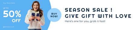 Platilla de diseño Seasonal Sale Announcement with Woman holding Gift Ebay Store Billboard