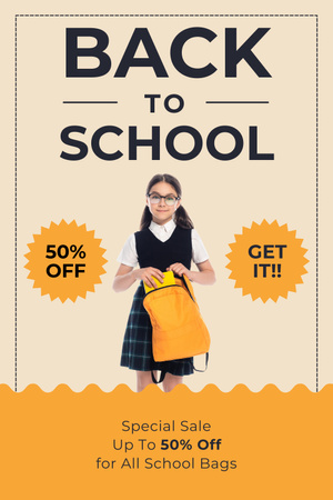 Discount on All School Bags with Schoolgirl in Uniform Pinterest Design Template
