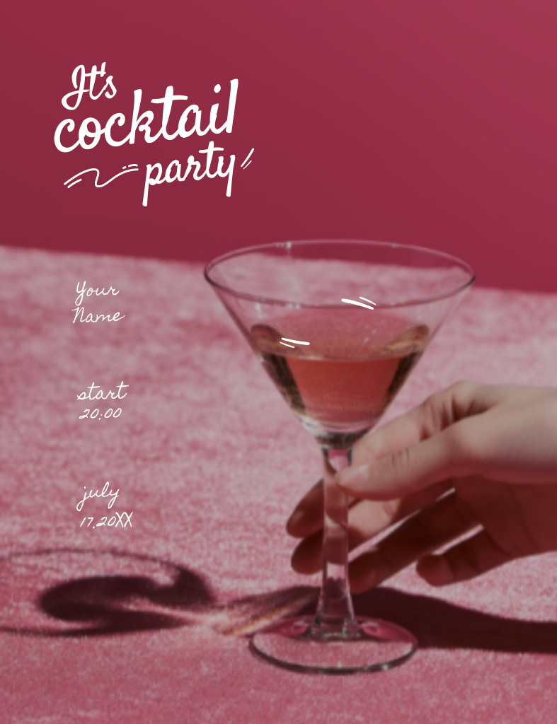 Ontwerpsjabloon van Invitation 13.9x10.7cm van Party Announcement with Cocktail Glass on Pink