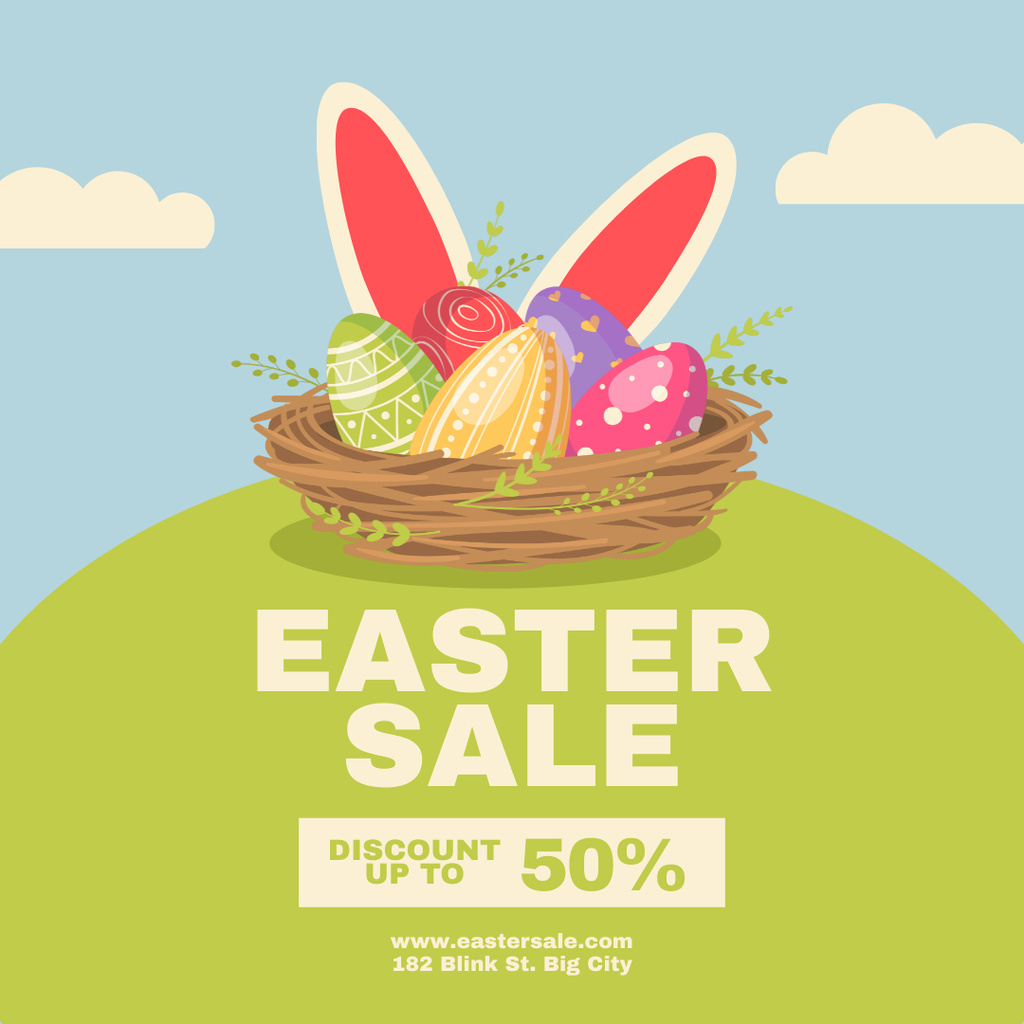 Easter Sale Announcement with Wicker Basket Full of Colored Eggs Instagram tervezősablon