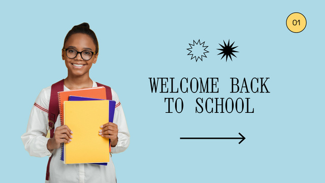 Back to School Announcement With Happy African American Girl Holding Documents Presentation Wide Modelo de Design