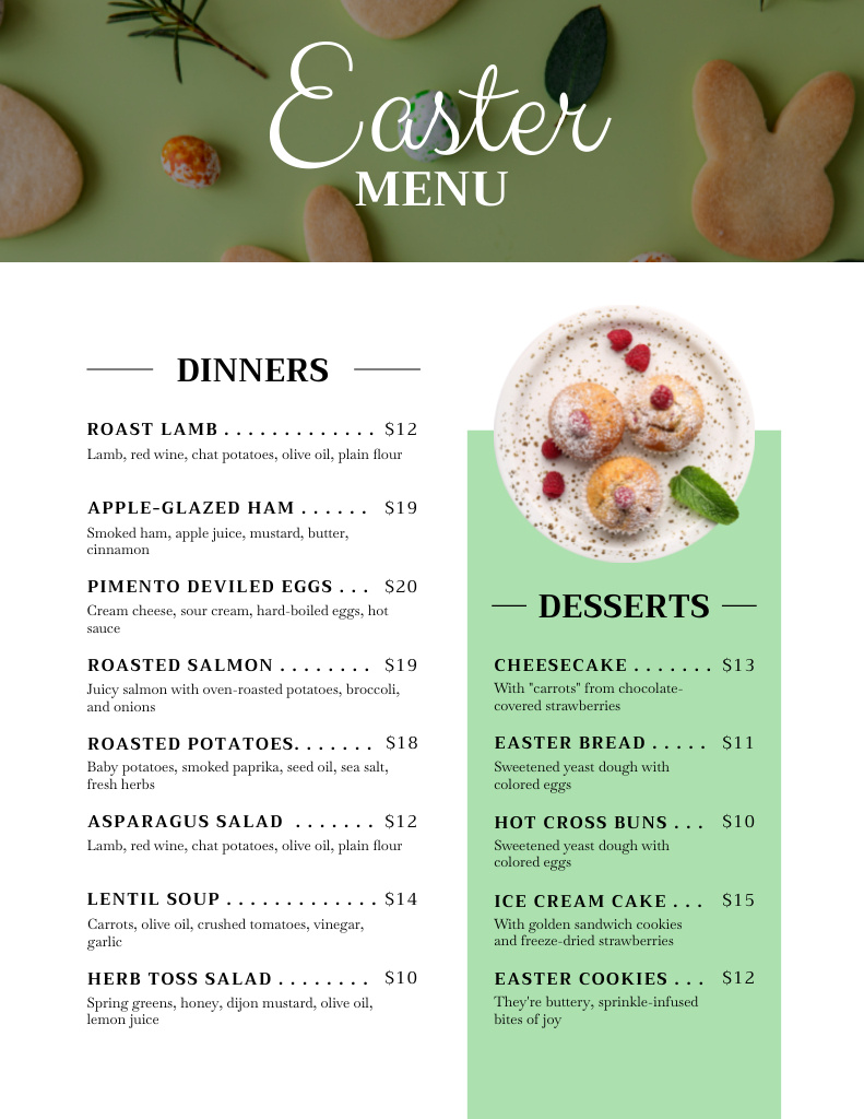 Designvorlage Offer of Yummy Easter Desserts on Green für Menu 8.5x11in