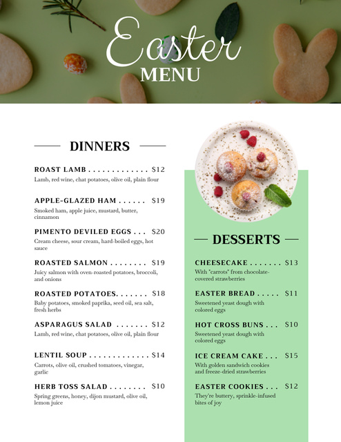 Offer of Yummy Easter Desserts on Green Menu 8.5x11in Design Template