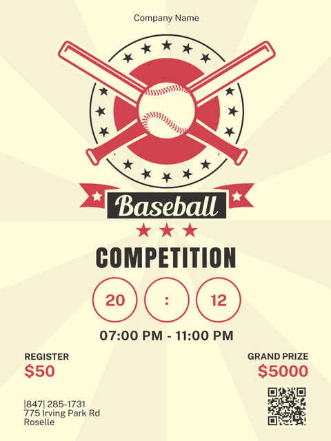 Baseball Competition Ad with Bat and Ball Poster US Tasarım Şablonu