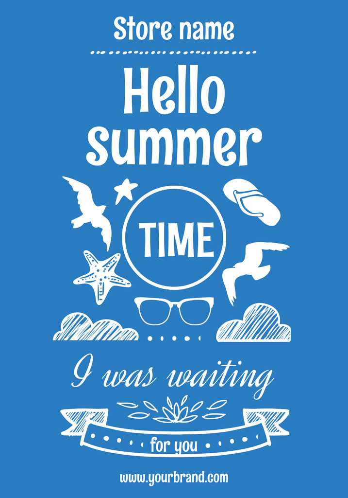 Summer Greeting with Illustration on Blue Poster 28x40in – шаблон для дизайна