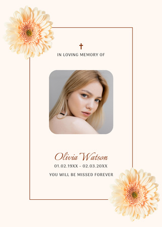Ontwerpsjabloon van Postcard 5x7in Vertical van Funeral Memorial Card with Photo and Flowers