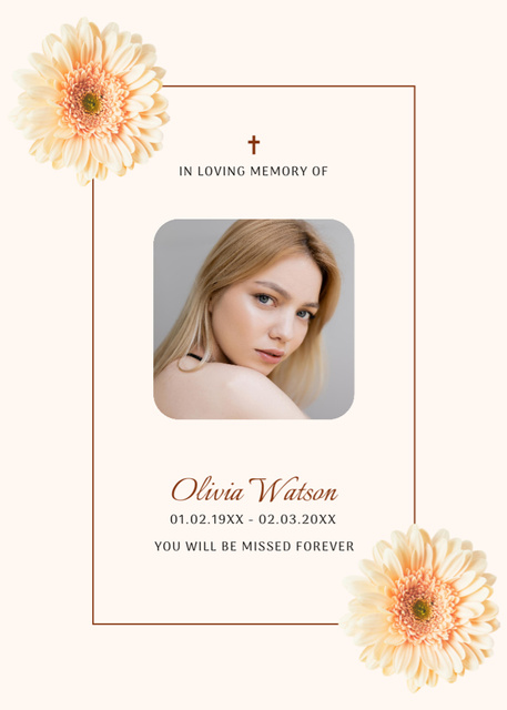 Ontwerpsjabloon van Postcard 5x7in Vertical van Funeral Memorial Card with Photo of Young Woman